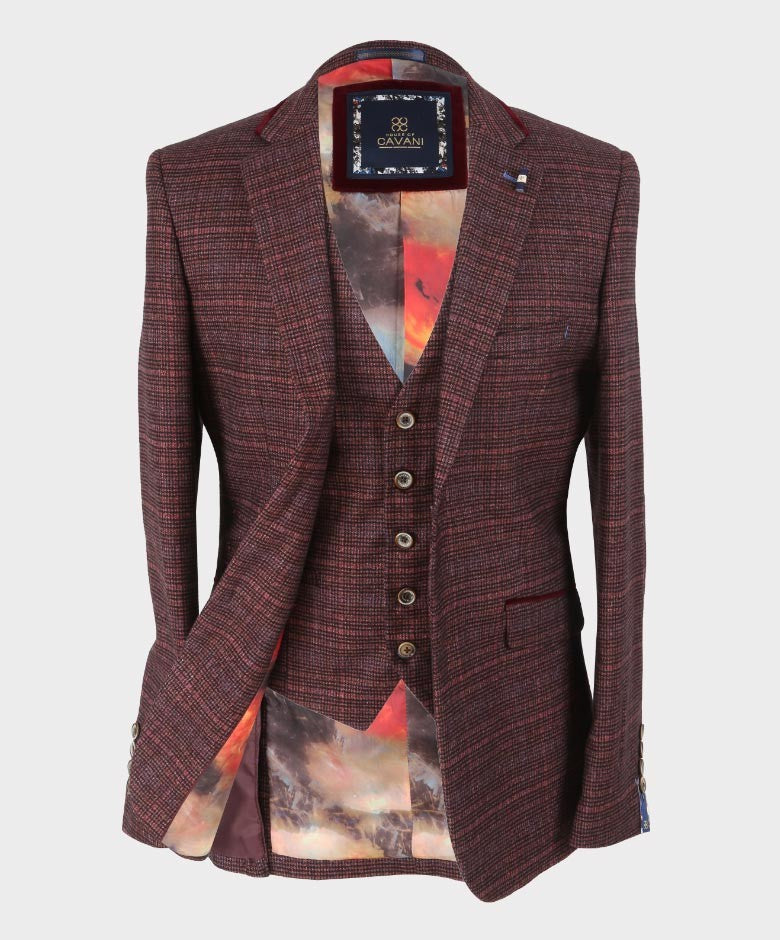 Men's Slim Fit Retro Tweed Blazer - CARLY - Wine