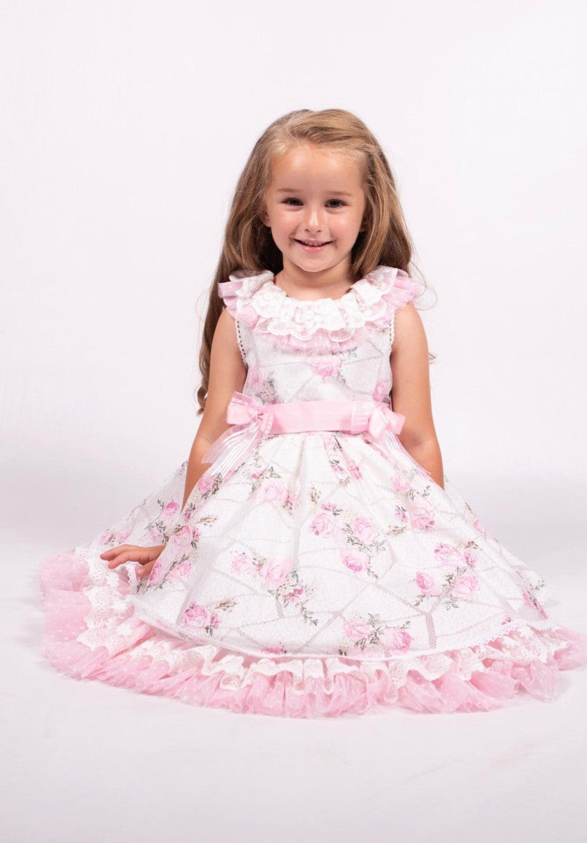 Girls Floral Sleeveless Lace Ruffles Dress - White and Pink