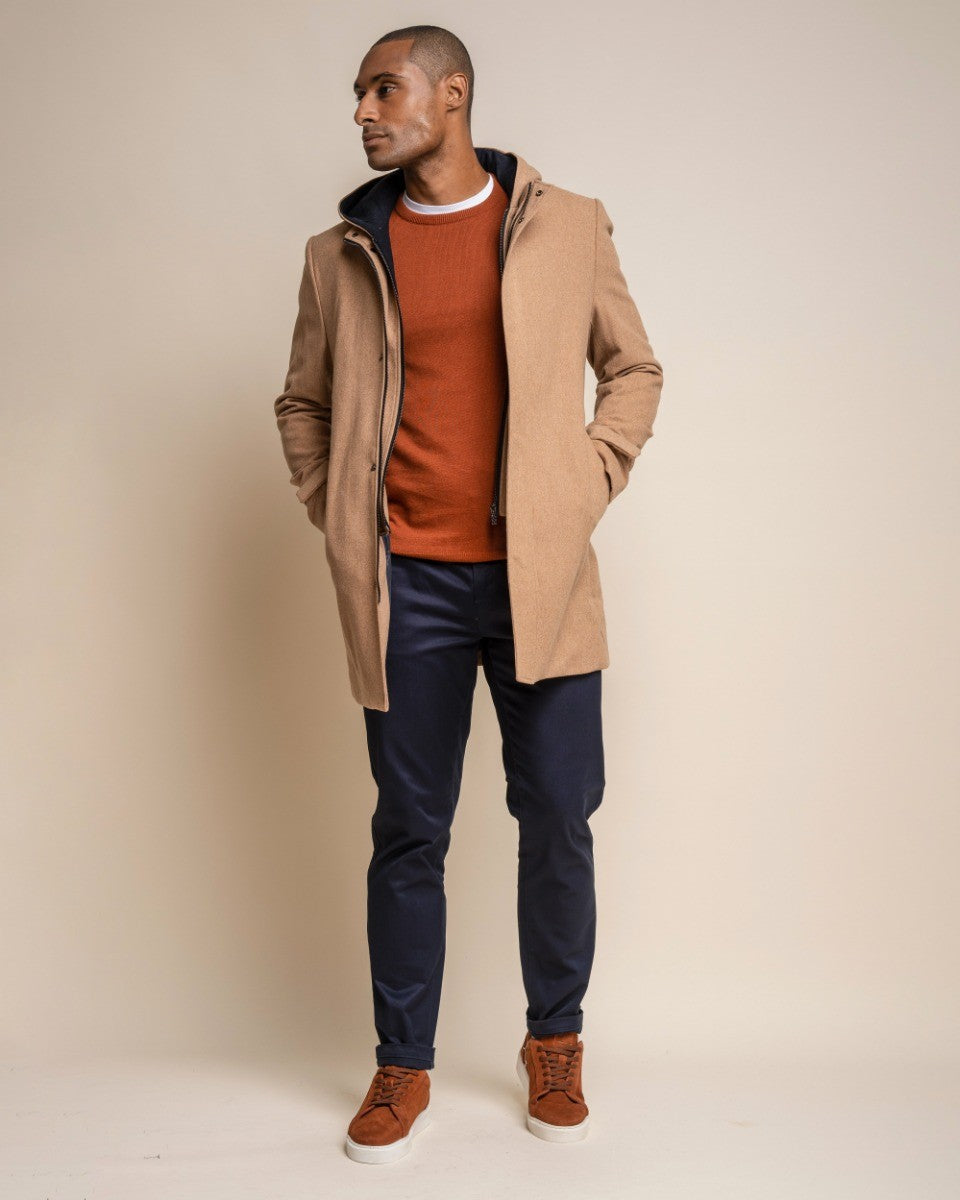 Men's Wool Blend Hooded Coat - MICHIGAN - Camel Beige