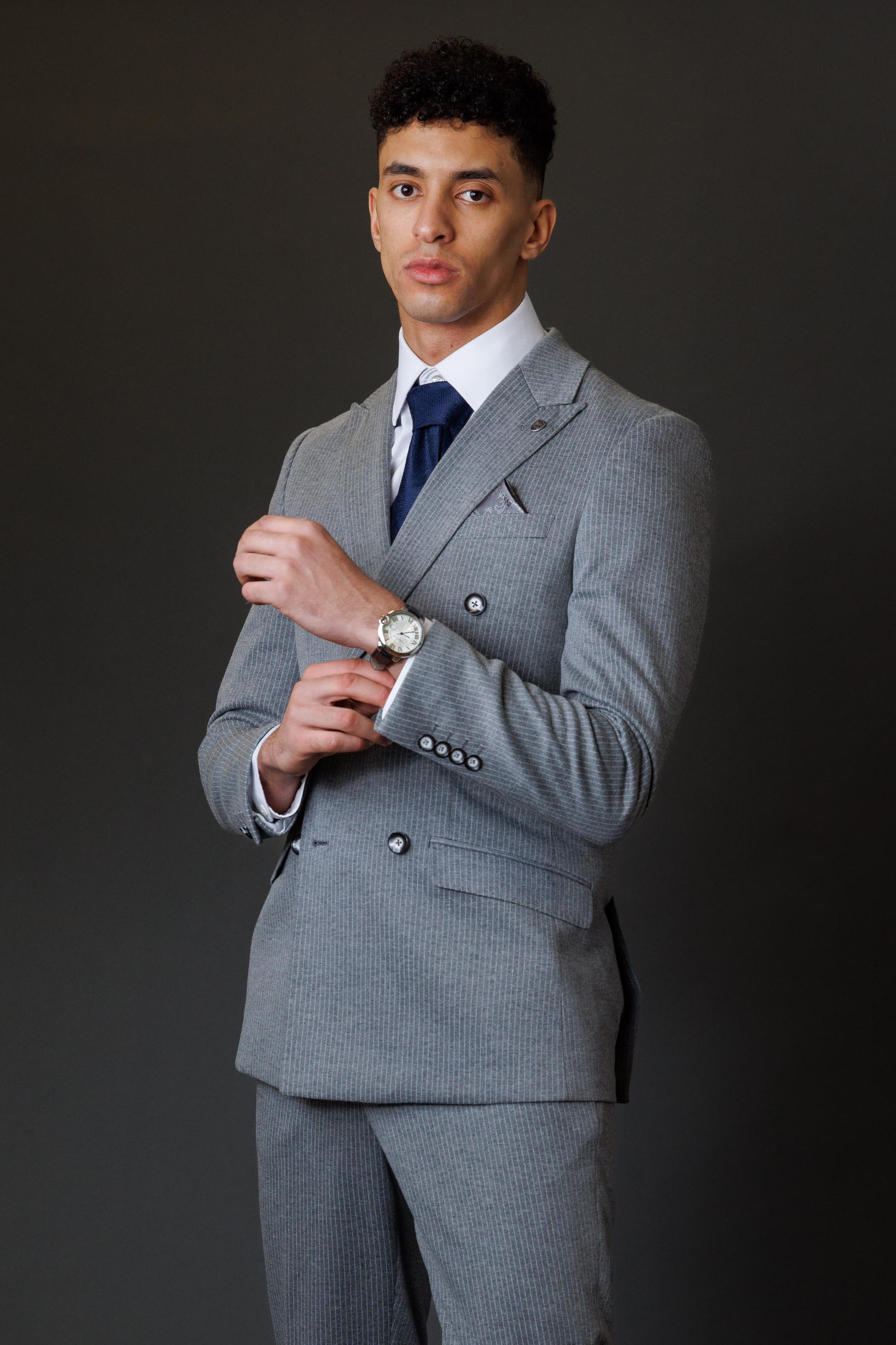 Men's Double Breasted Pinstripe Suit - JAYCE Grey - Grey