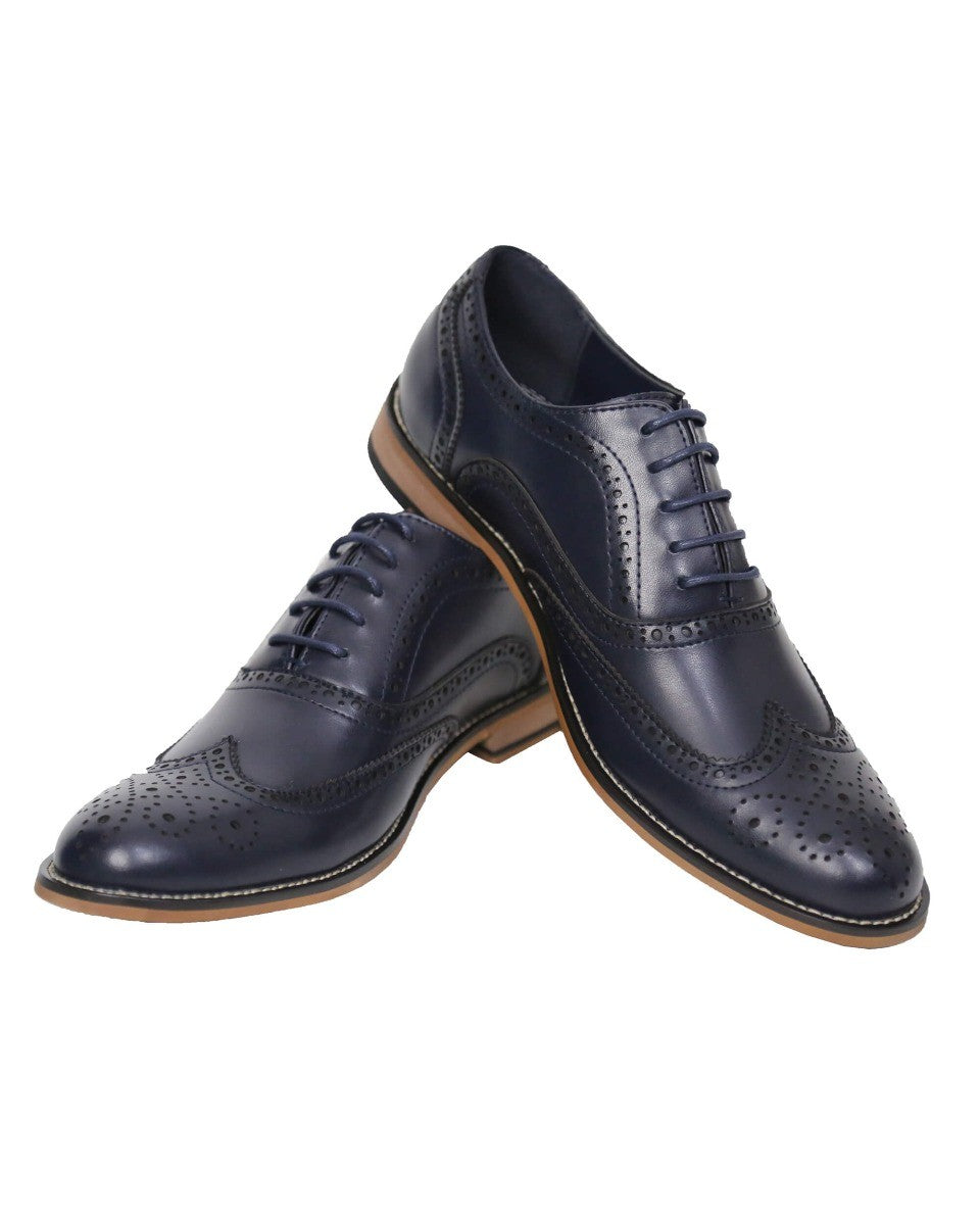 Men's Lace Up Leather Brogue Shoes - OXFORD - Navy Blue