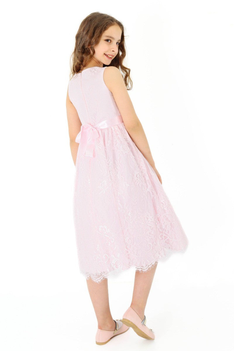 Girls Sleeveless Lace Embroidered Dress - Light Pink