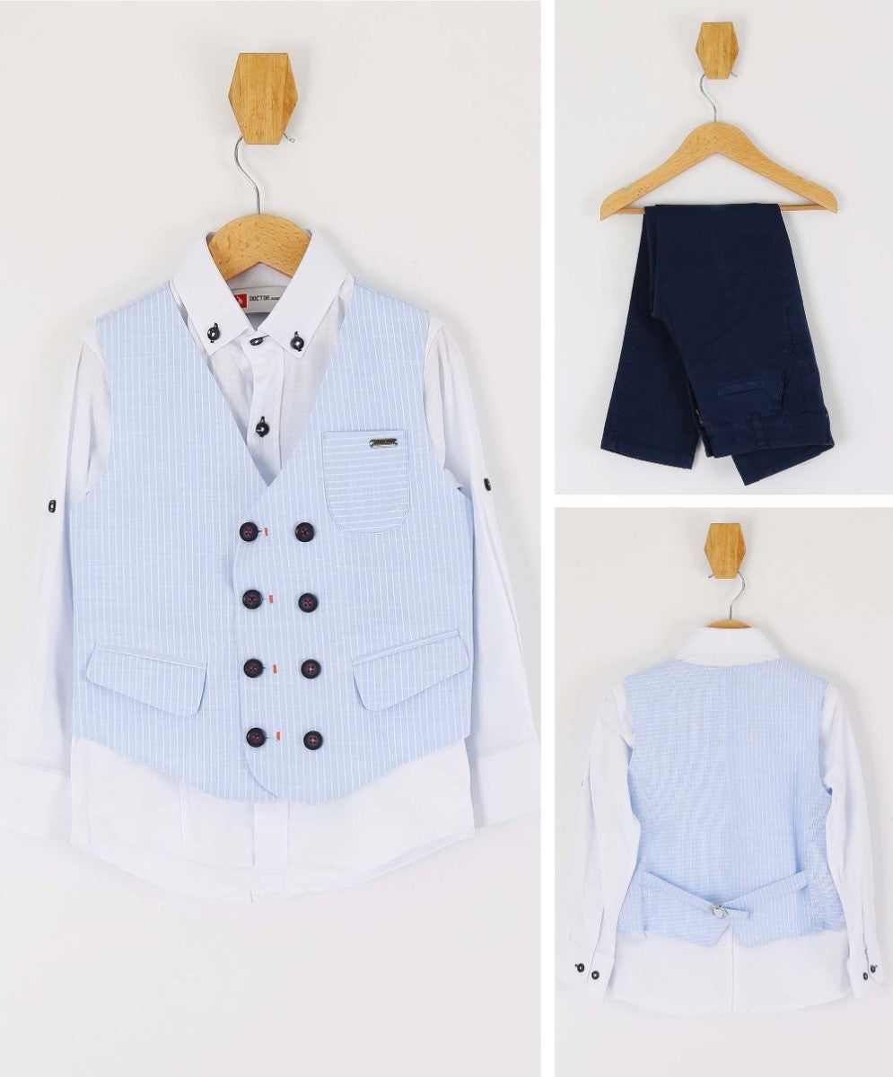 Boys Cotton Linen Pinstrip Waistcoat Suit Set - Baby Blue