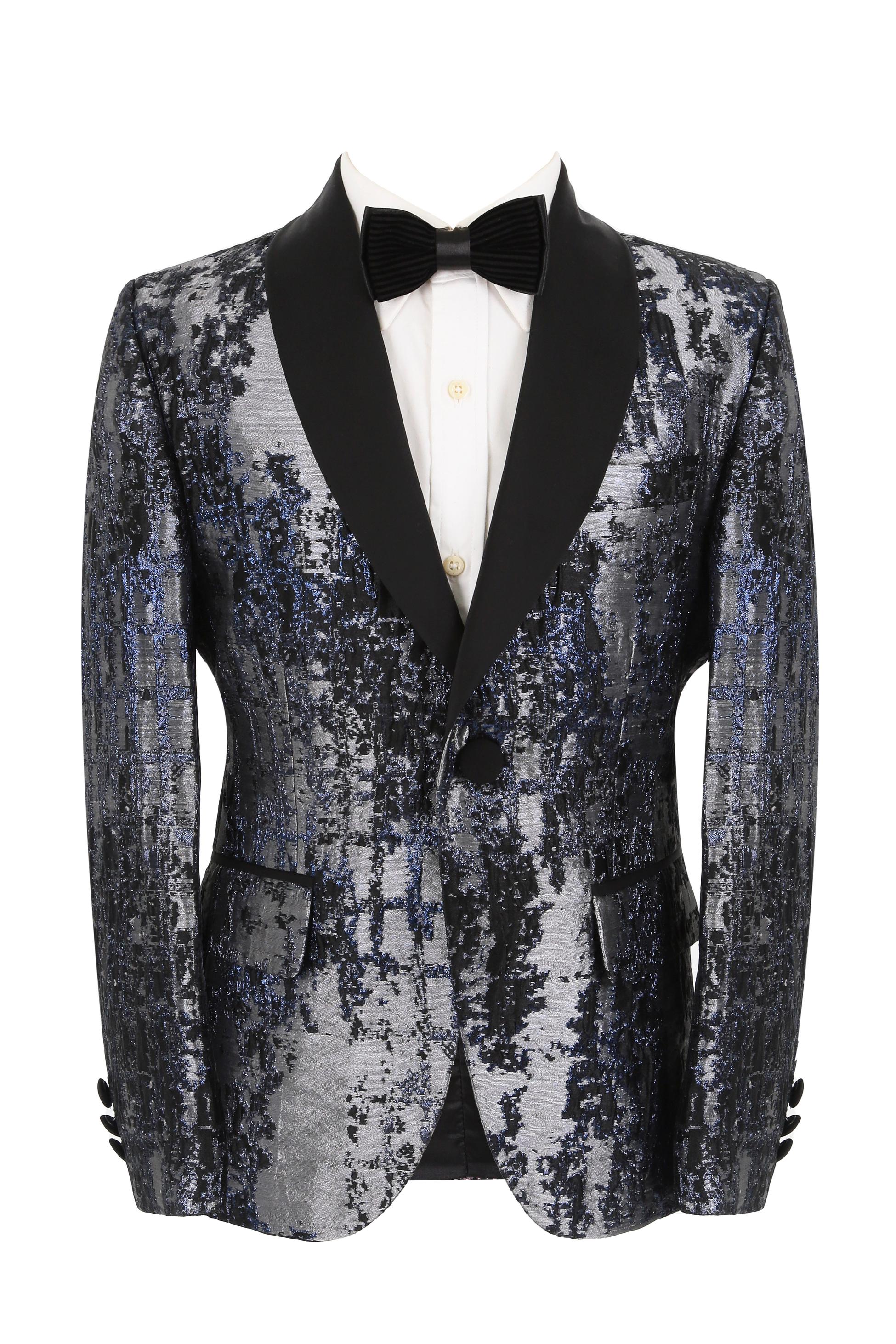 Boys Shimmery Patterned Tuxedo Suit - Black - Silver