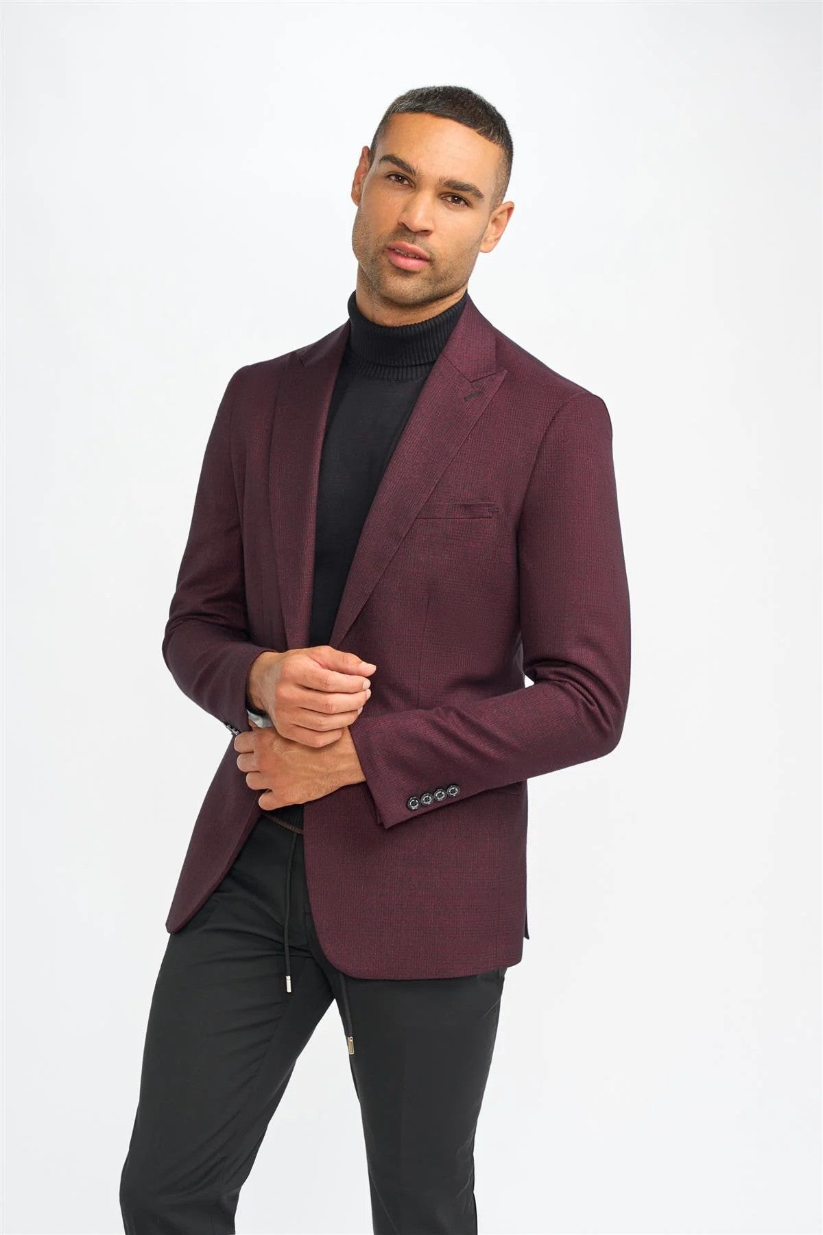 Men's Slim Fit Tweed Check Suit Jacket - CARIDI WINE - Wine