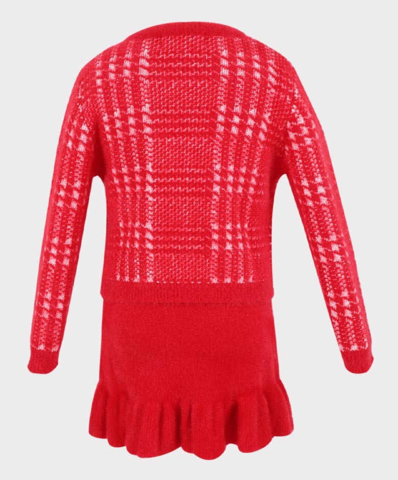 Girls Herringbone Tweed Dress and Cardigan Set - Red