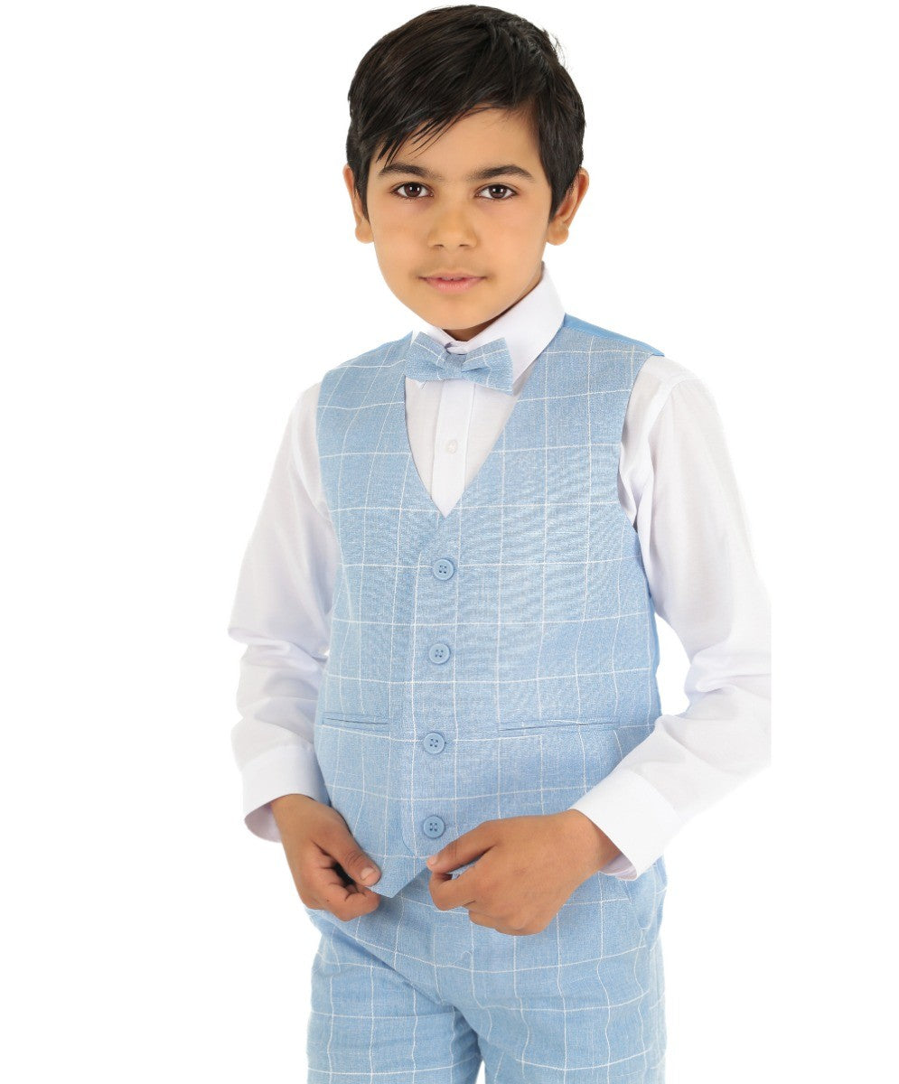 Boys Windowpane Check Blue Waistcoat Set - E-SAM - Blue