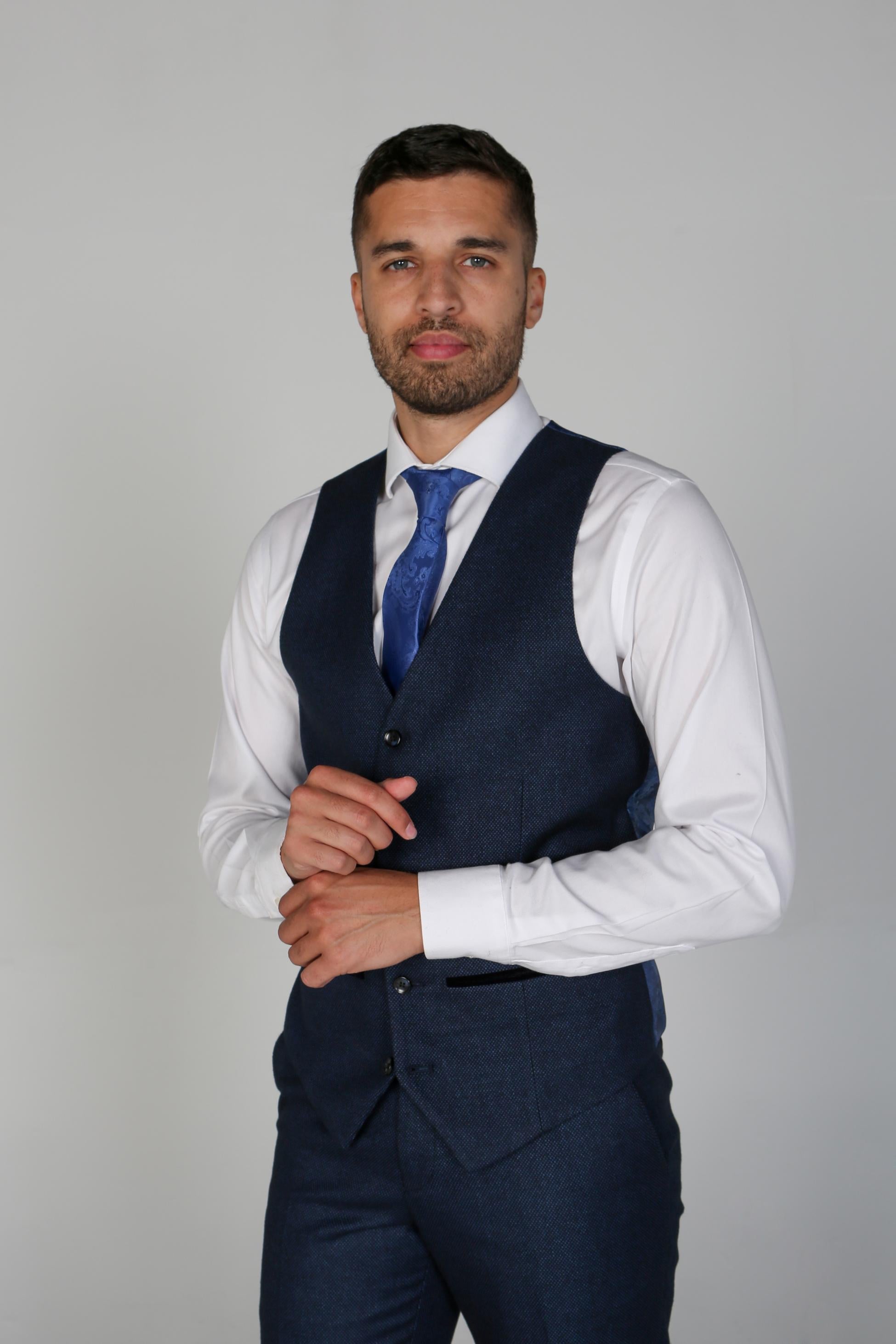 Men's Textured Formal Navy Blue Waistcoat- ARTHUR - Navy Blue