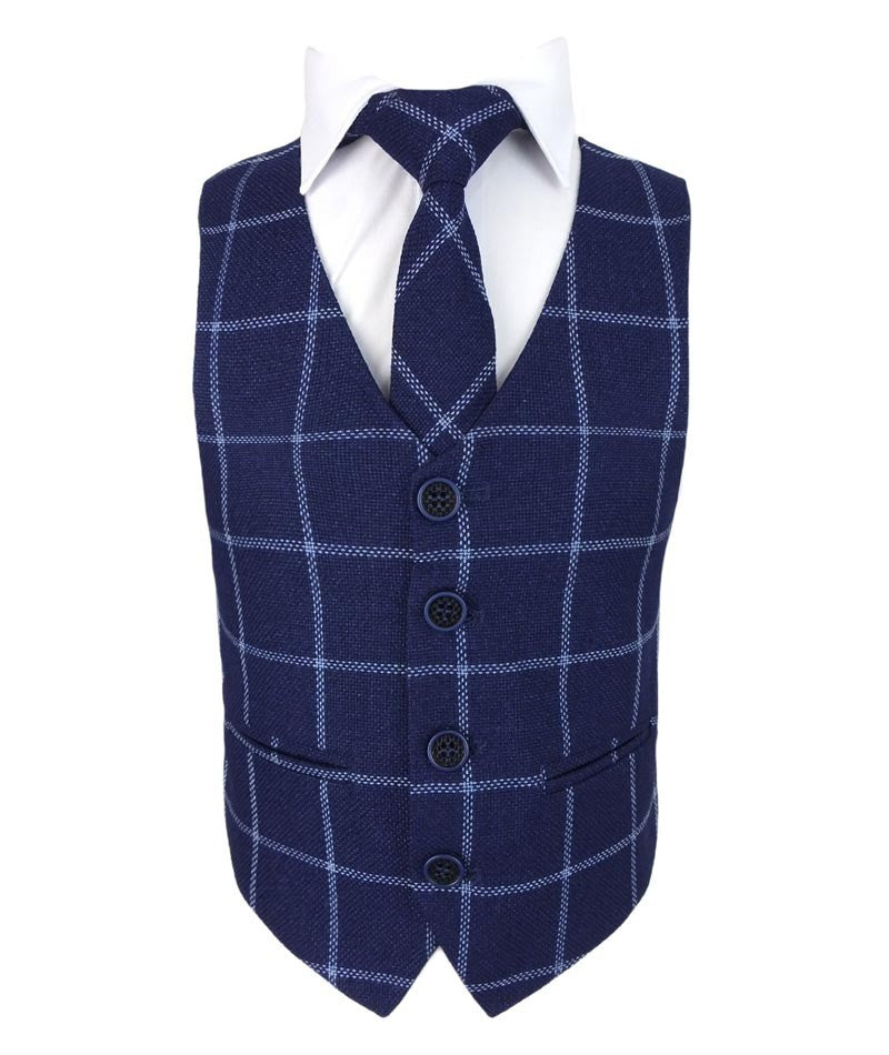 Boys Plaid Check Waistcoat Set - Navy Blue