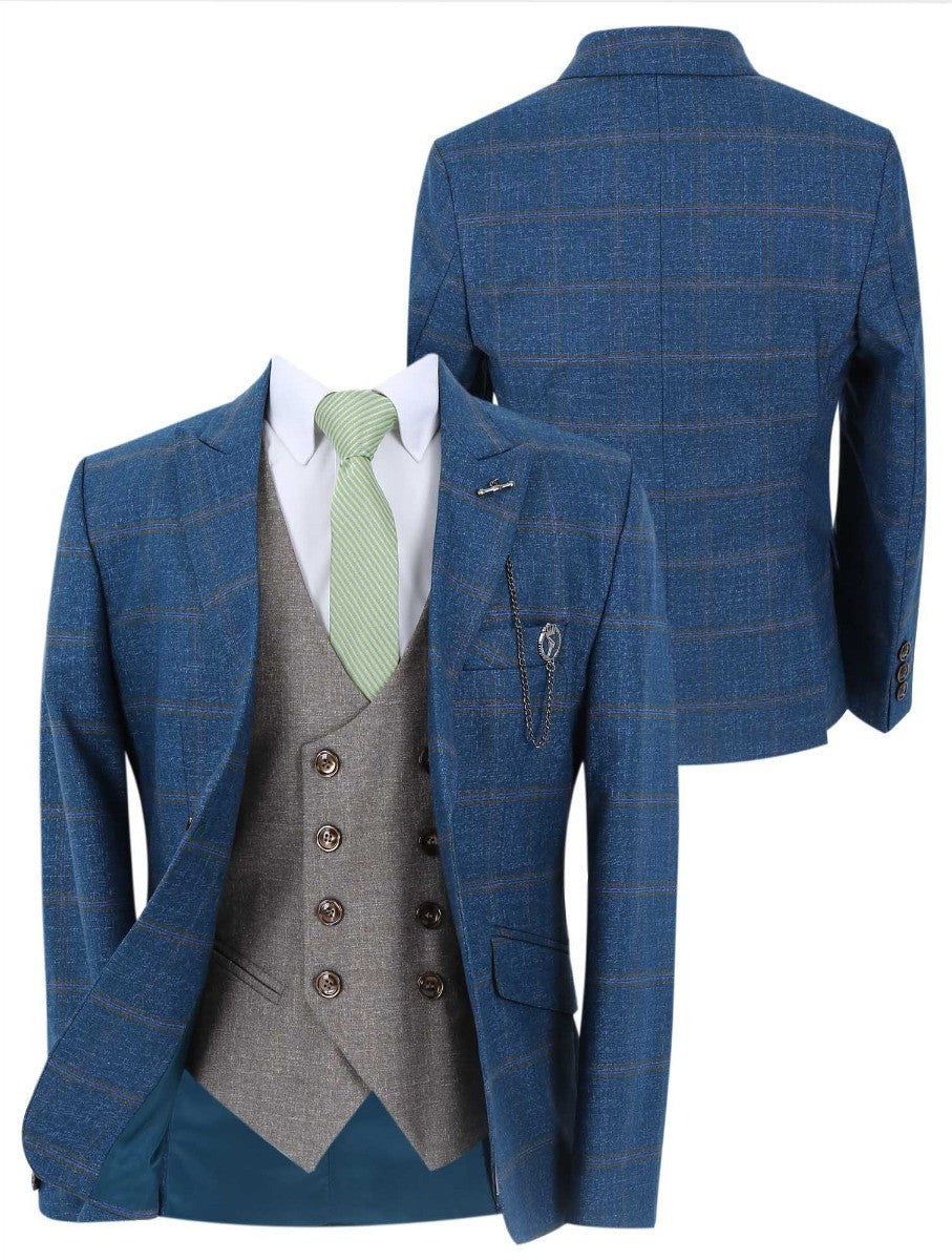 Boys Windowpane Check Slim Fit Suit Set - Petrol Blue