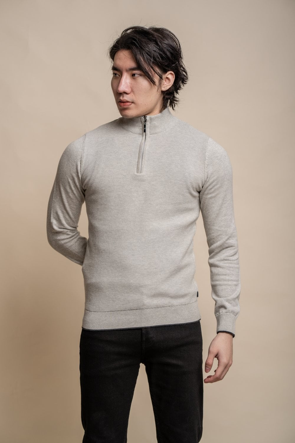 Men's Half Zip Knit Cotton Pullover - KYLE - Grey