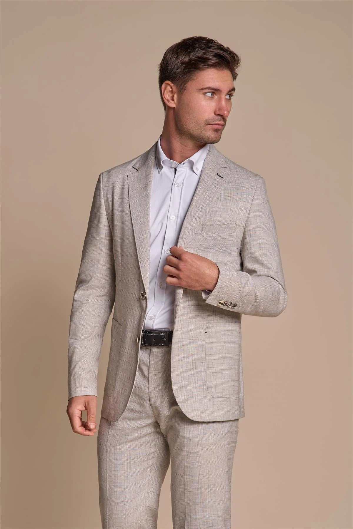 Men’s Slim Fit Tweed Check Grey Suit Jacket – RIPLEY Stone - Beige