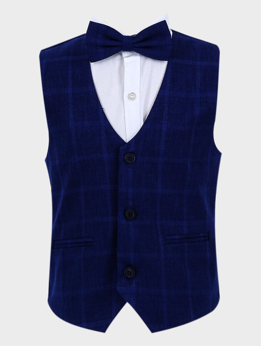 Boys Tweed Windowpane Check Cotton Waistcoat - Navy Blue