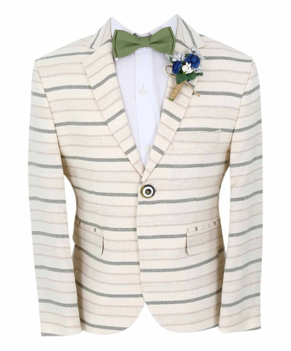 Boys Slim Fit Striped Blazer - Beige - Green