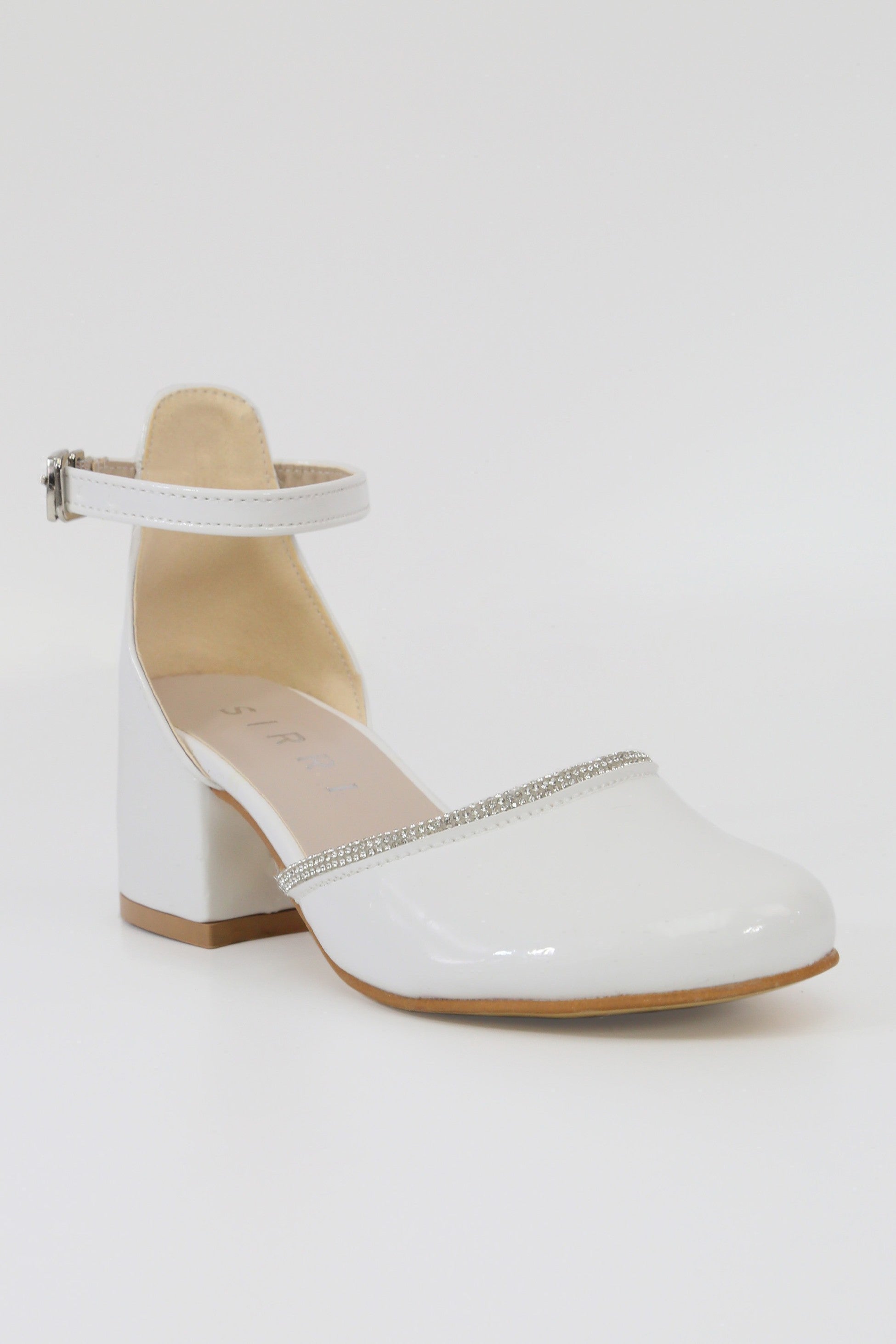 Girls' White Patent Block Heel Shoes With Rhinestone Trim – CHARM - White