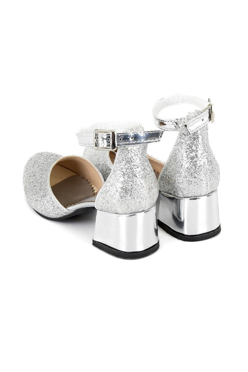 Girls Glittery Mary Janes Block Heel Silver Shoes - Silver