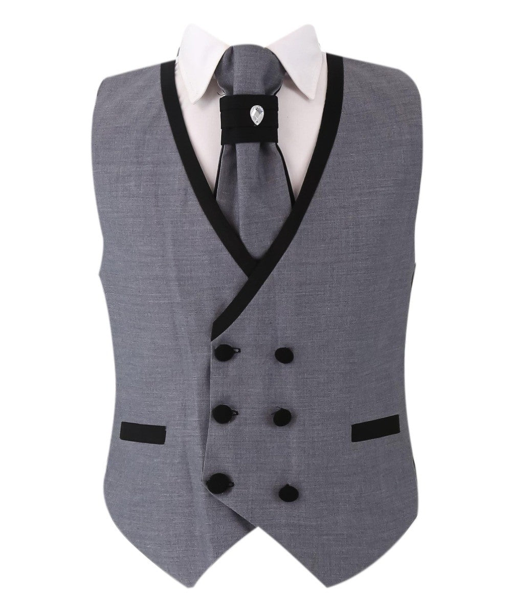 Boys Slim Fit Piping Grey Tuxedo Suit - Grey