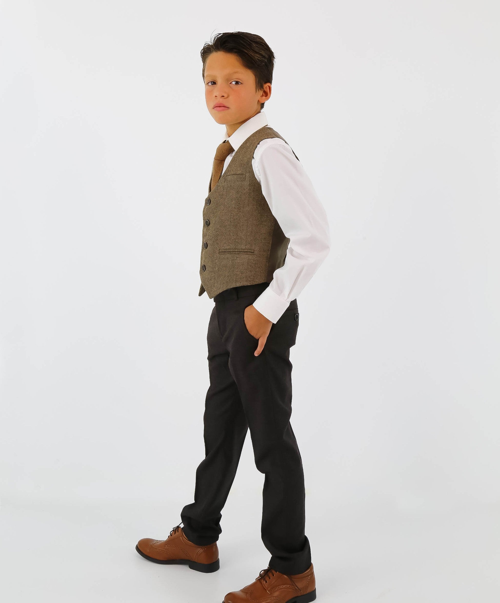 Boys Herringbone Tweed Waistcoat Suit - Brown