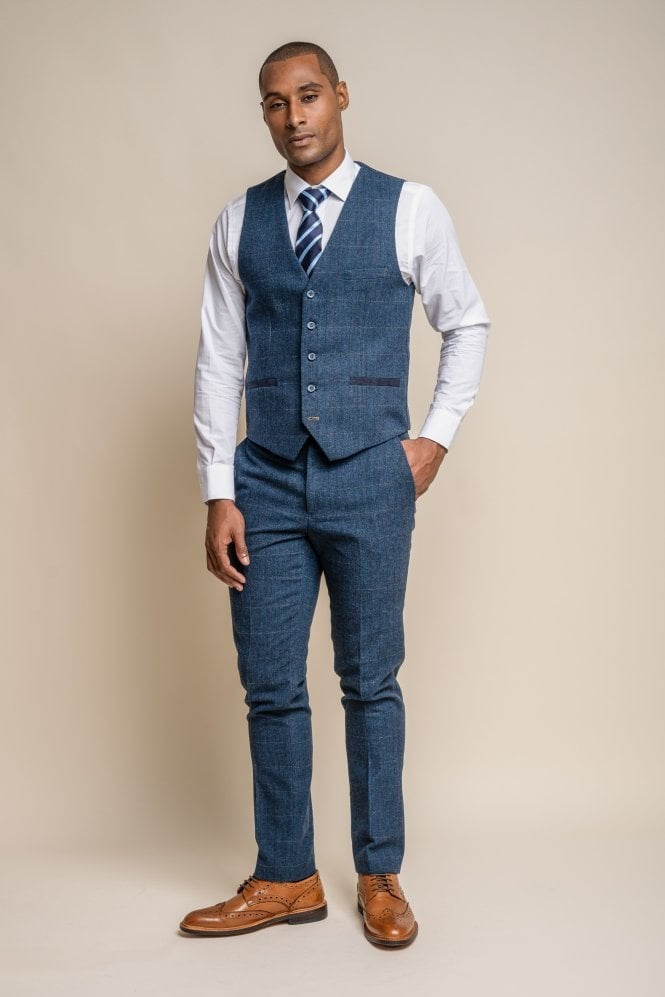 Men's Slim Fit Herringbone Tweed Blue Suit - CARNEGI - Navy Blue