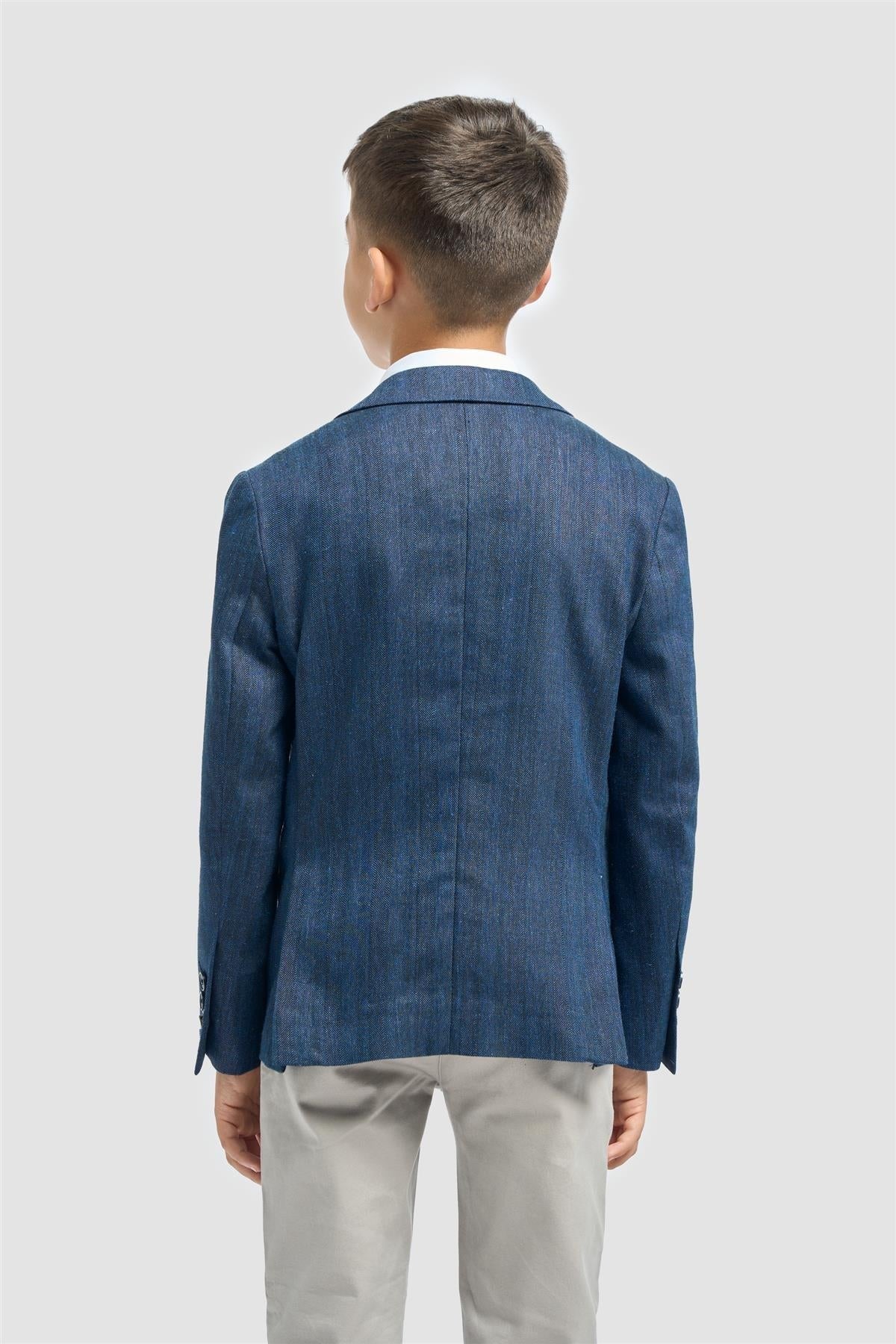 Boys’ Patch Pocket Linen Herringbone Blazer- Luigi - Navy Blue