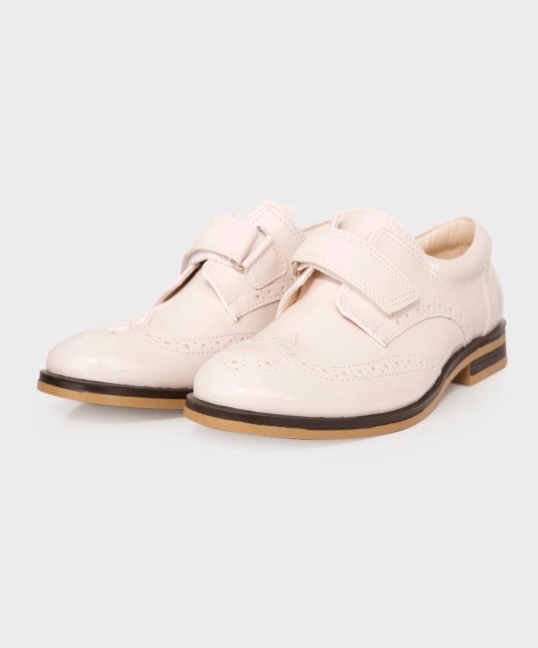 Boys Patent  Brogue Velcro Dress Shoes - Ivory-Cream