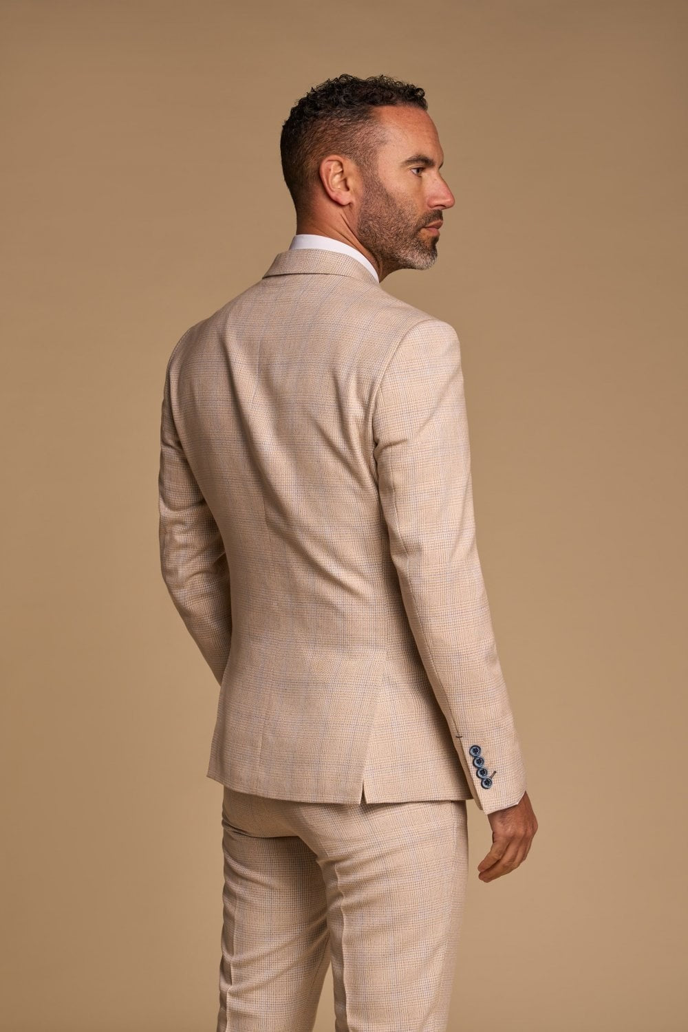 Men's Tweed Houndstooth Check Slim Fit Suit - CARIDI - Beige