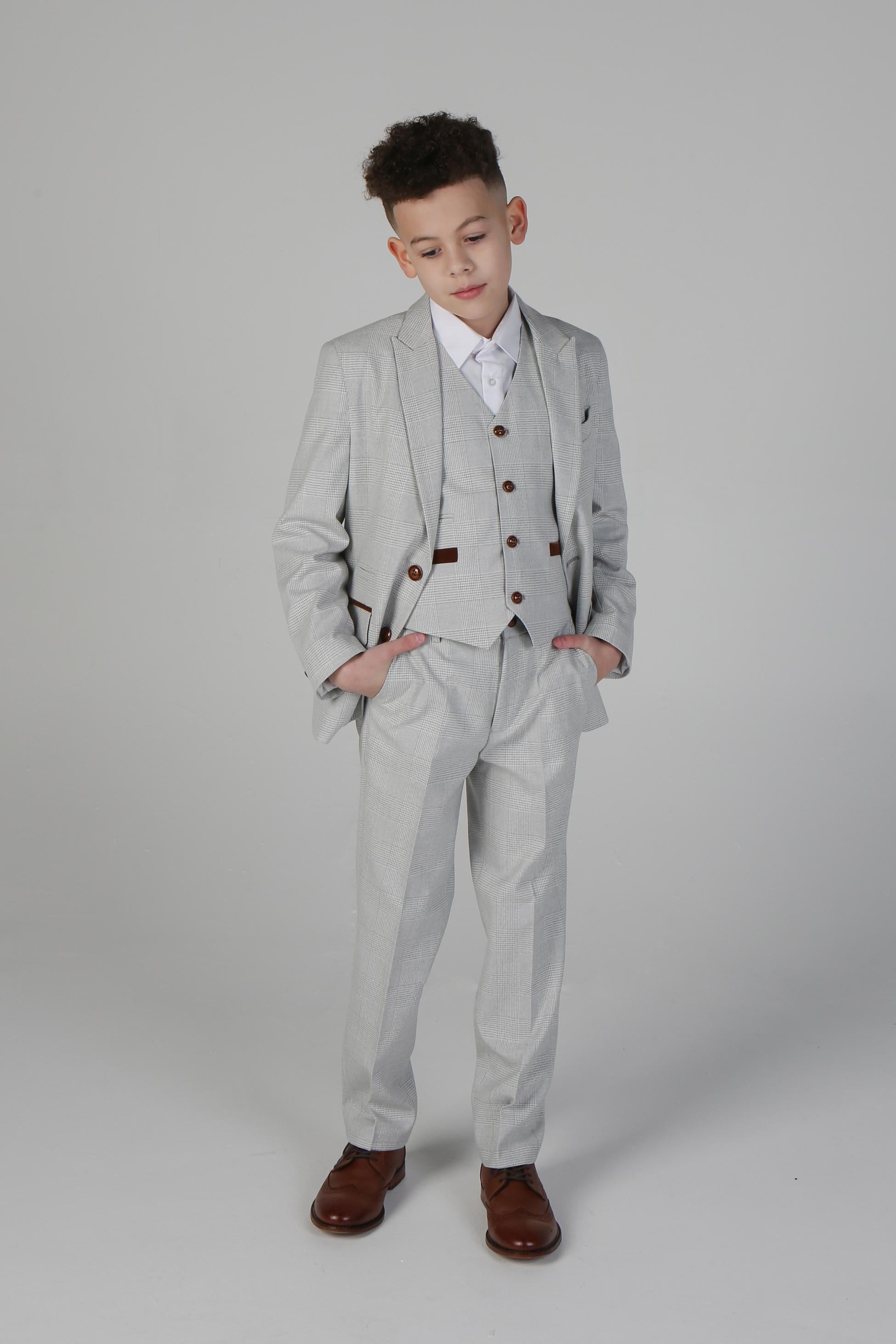 Boys Tailored Fit Tweed Check Suit - MARK - Stone Beige