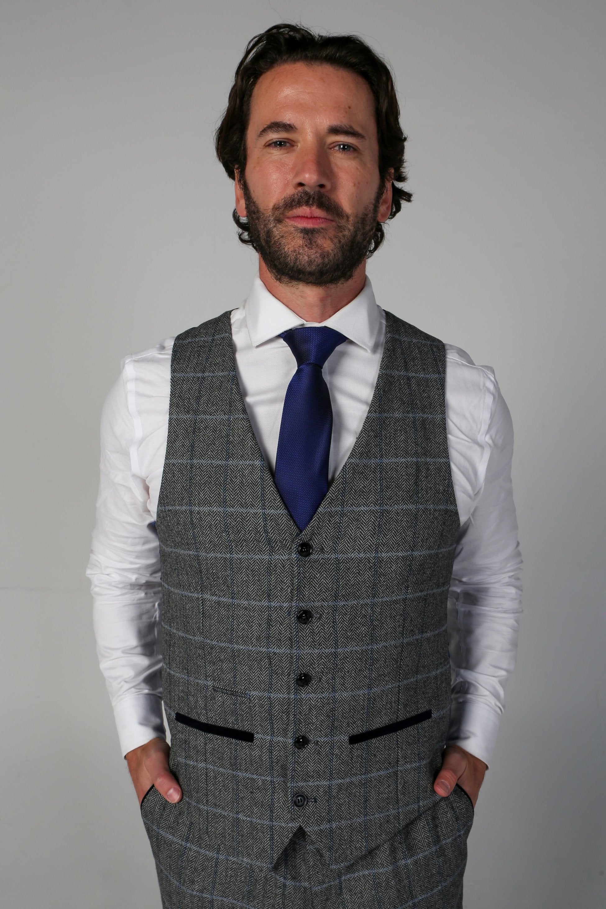 Men's Tweed Retro Windowpane Waistcoat - HARRIS - Grey