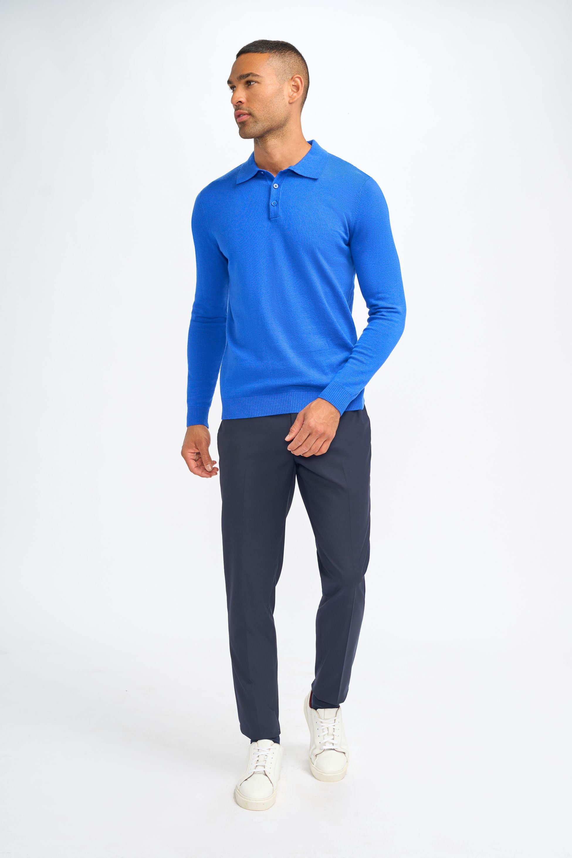 Men’s Wool Knit Long Sleeve Polo Shirt - Boom - Electirc Blue