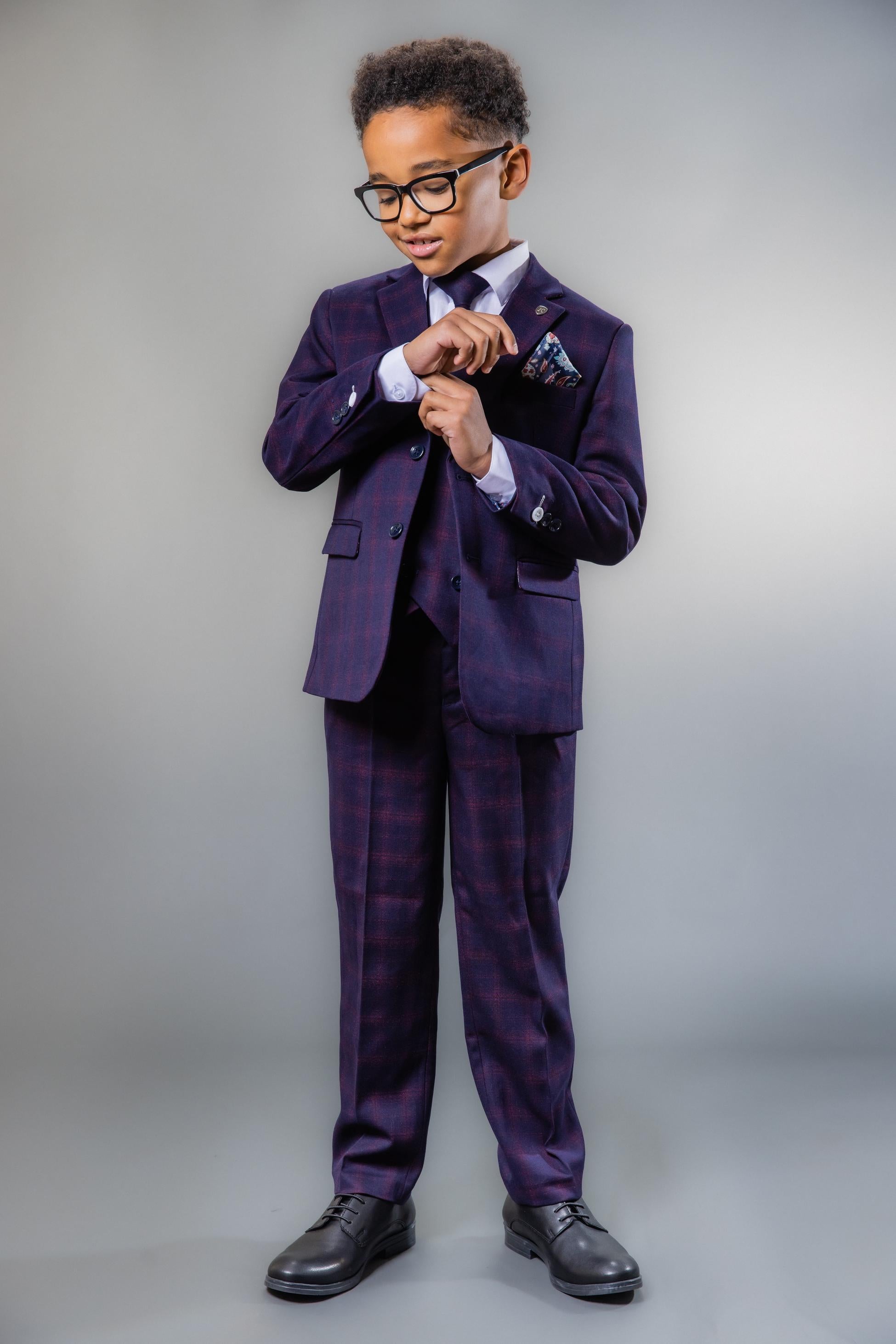 Boys Retro Check Tailored Fit Navy Suit - Navy Blue and Burgundy