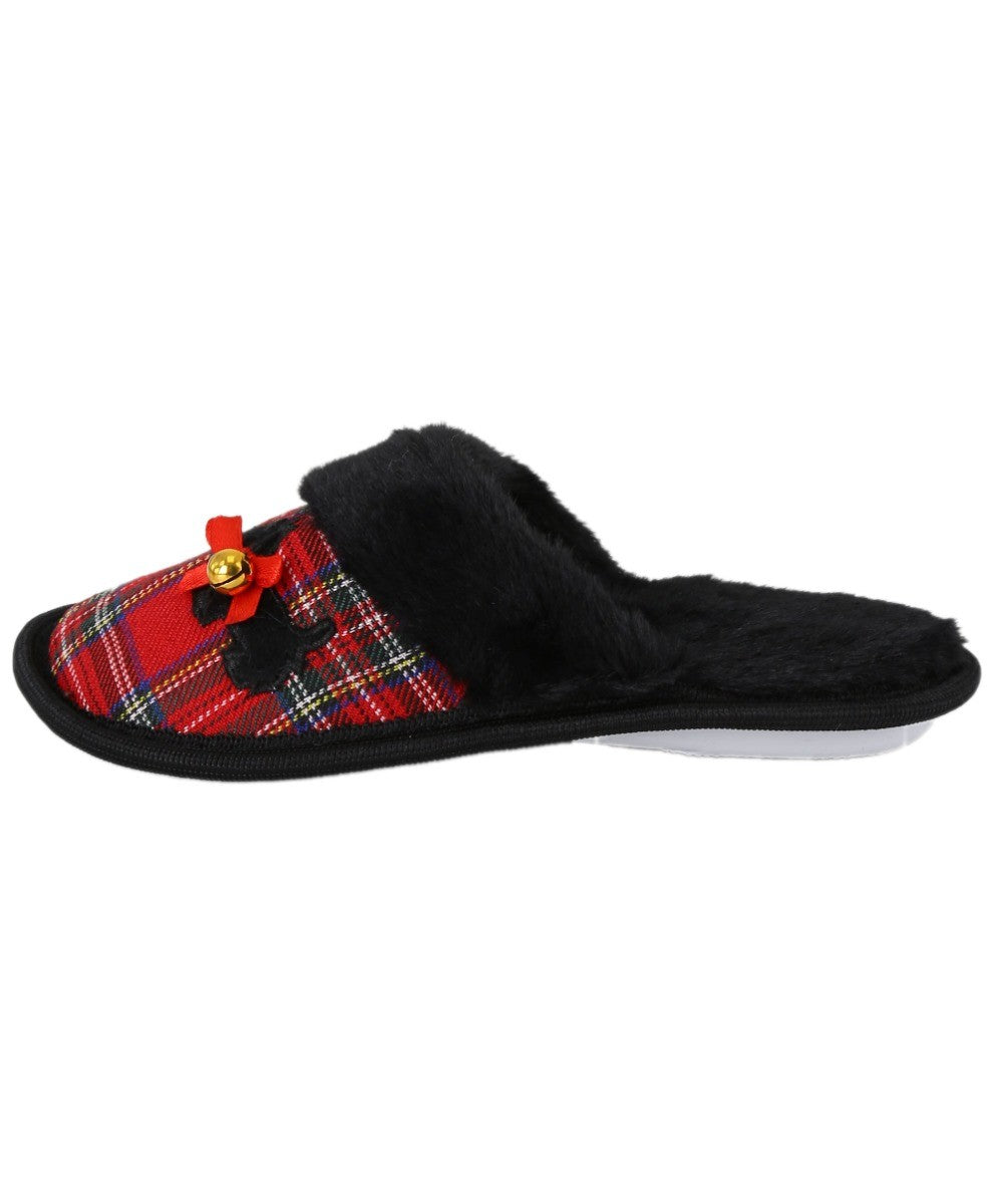 Girls Tartan Fur Slip On Slippers - Red