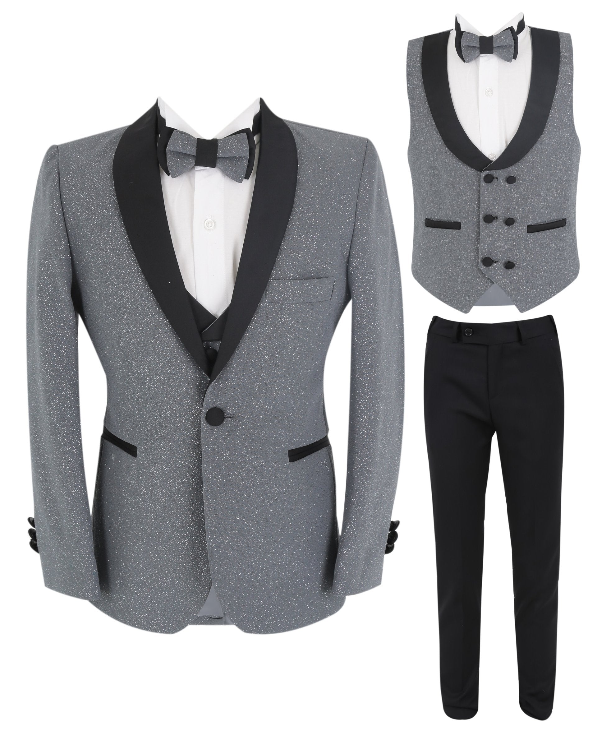 Boys Slim Fit Shimmer Tuxedo Suit - Grey