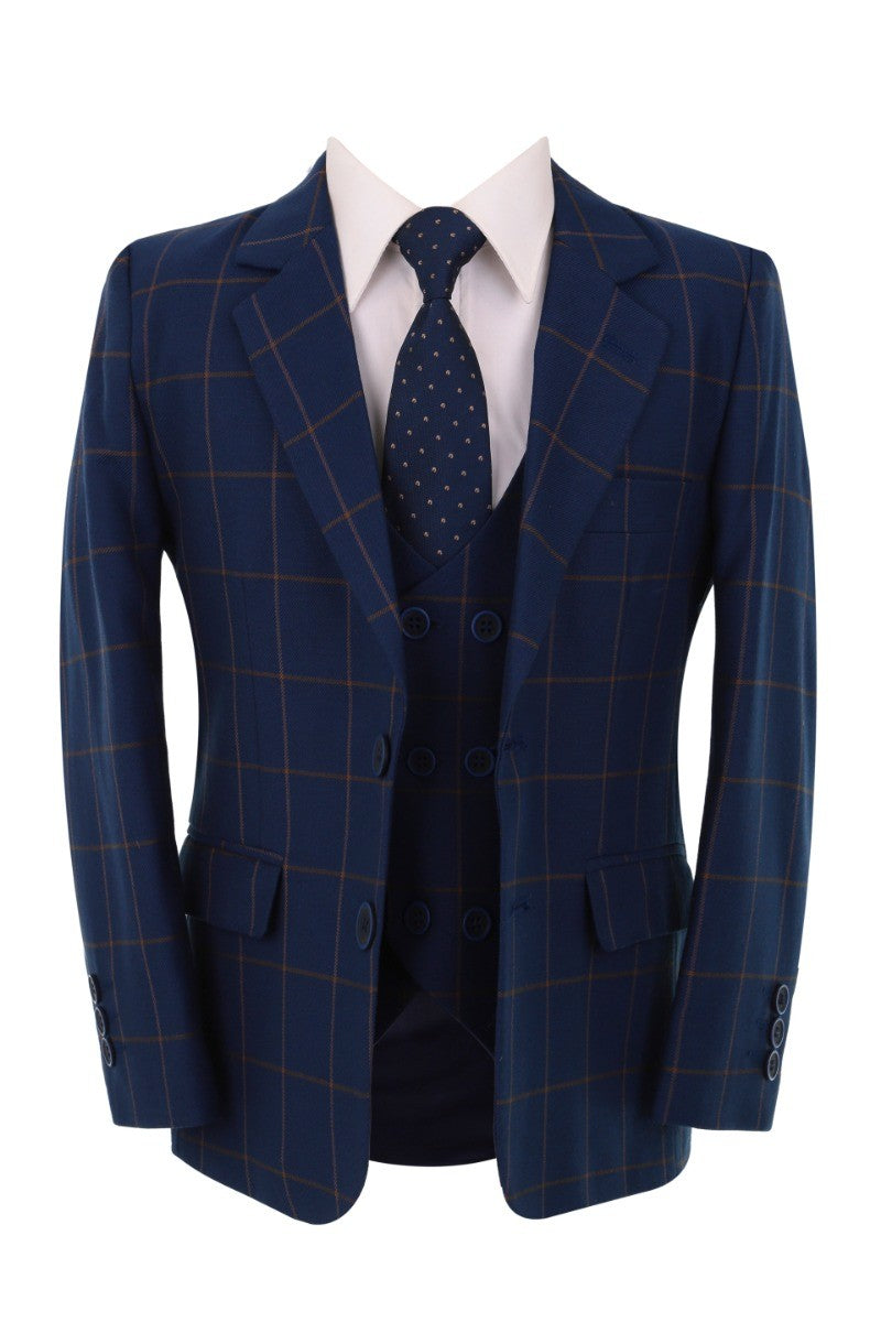 Boys Windowpane Check Navy Blue Suit Set - Navy Blue