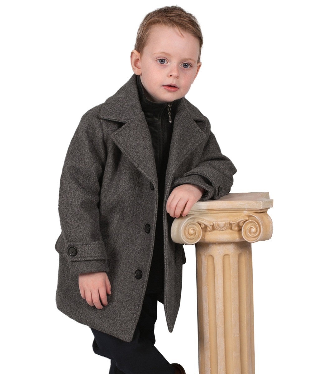 Boys Tweed Double Breasted Midi Geke Coat - Grey