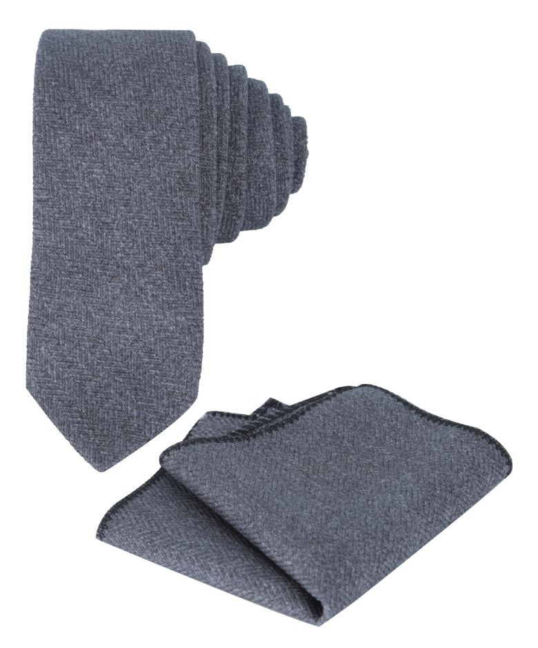 Boys & Men's Herringbone Tweed Tie & Pocket Square Set - Grey