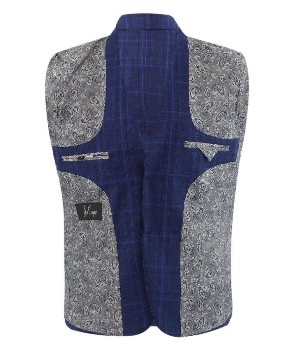 Boys Retro Check Tailored Fit Blue Suit - MATTHEW - Dark Blue