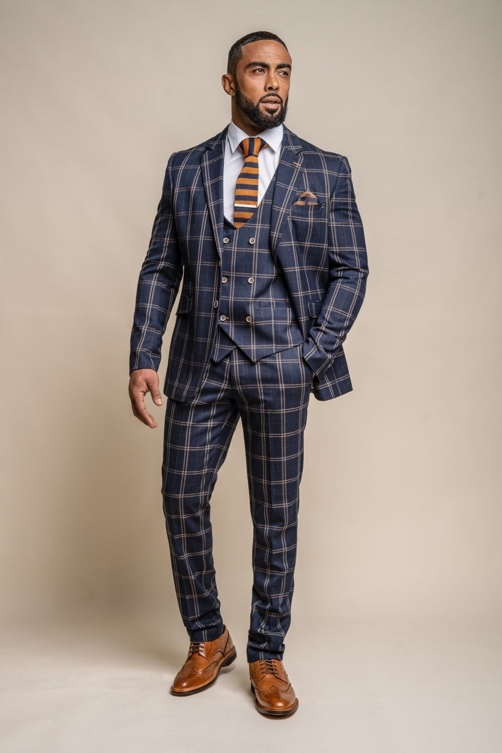 Men's Retro Check Navy Suit Jacket - HARDY - Navy Blue