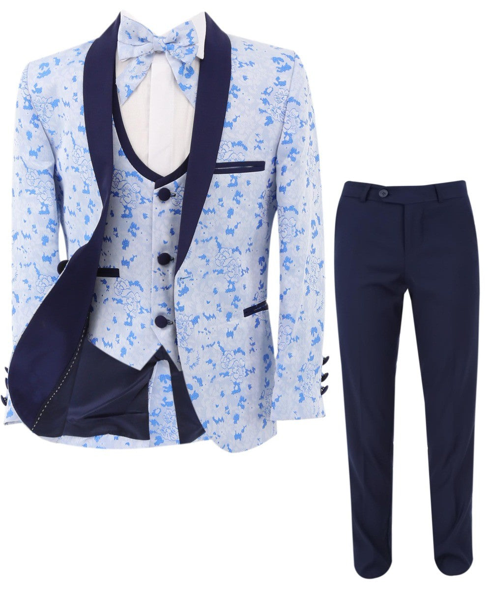 Boys Slim Fit Floral Blue Tuxedo Suit Set - Blue