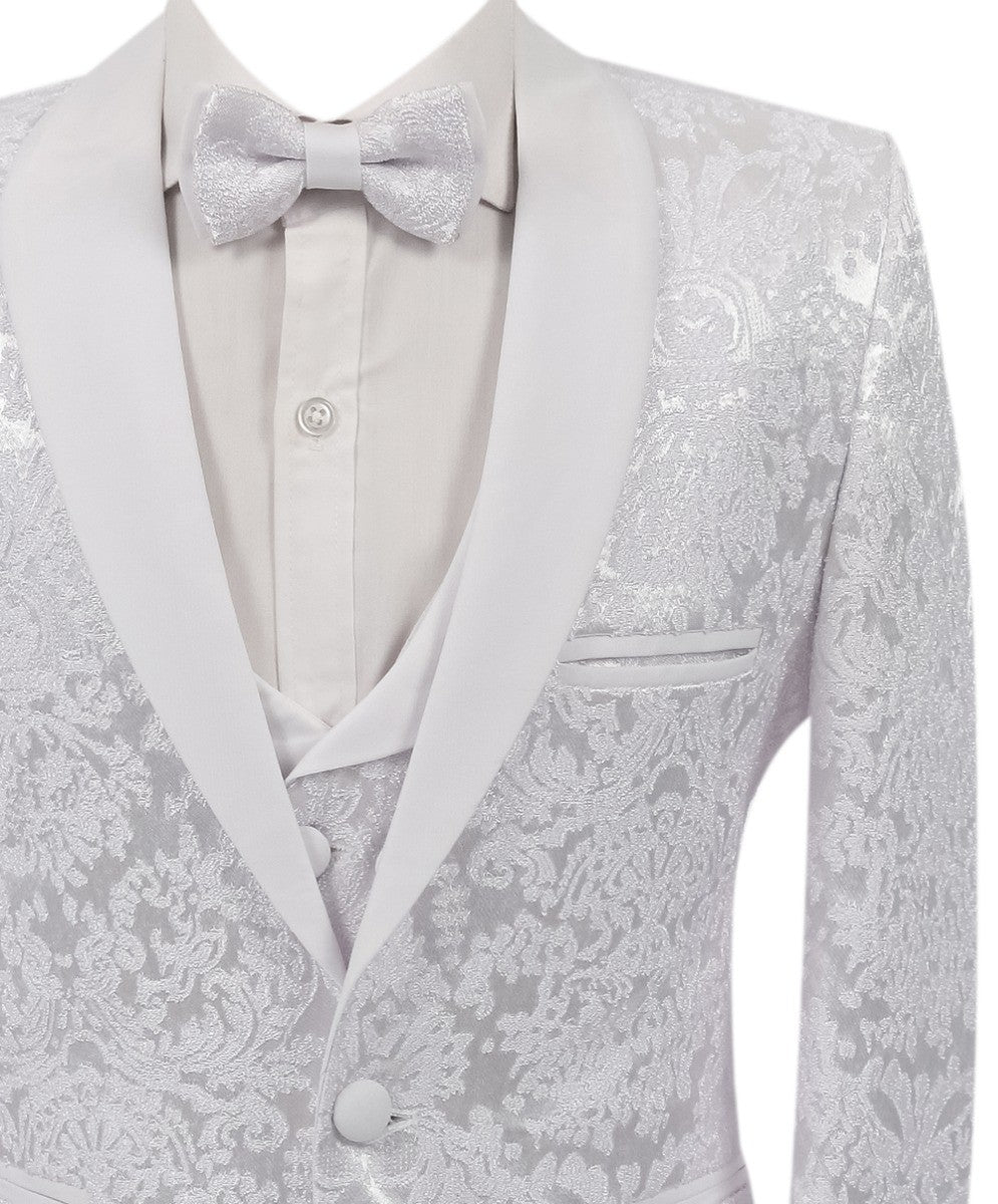 Boys Floral Patterned White Tuxedo Suit Set - RICHARD - White