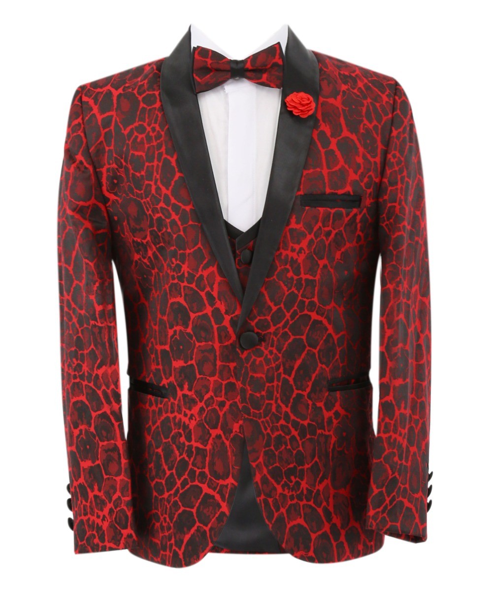 Boys Jacquard Burgundy Tuxedo Suit - Red