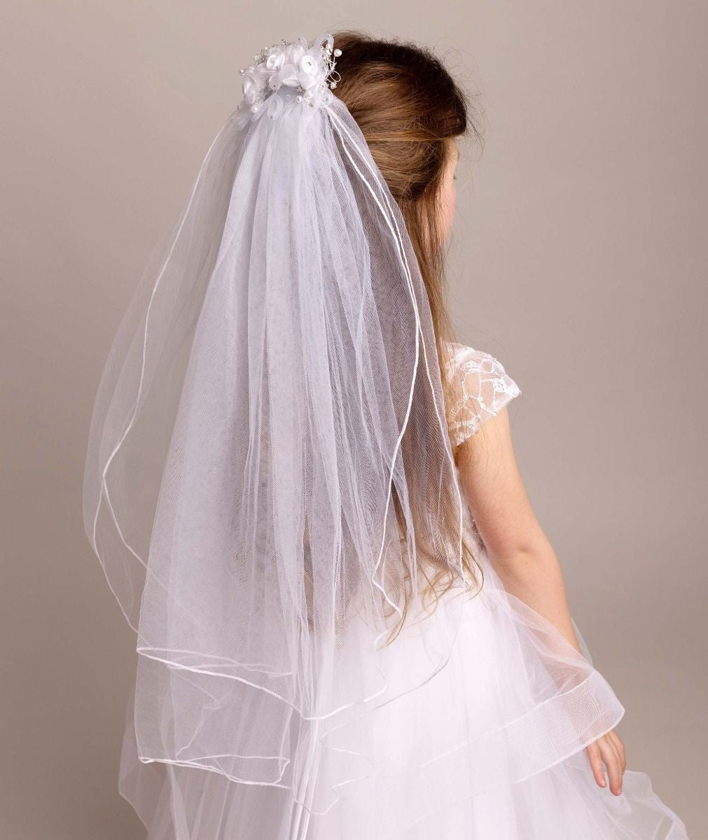 Girls White Floral & Pearl Tulle Veil - CMV-2331