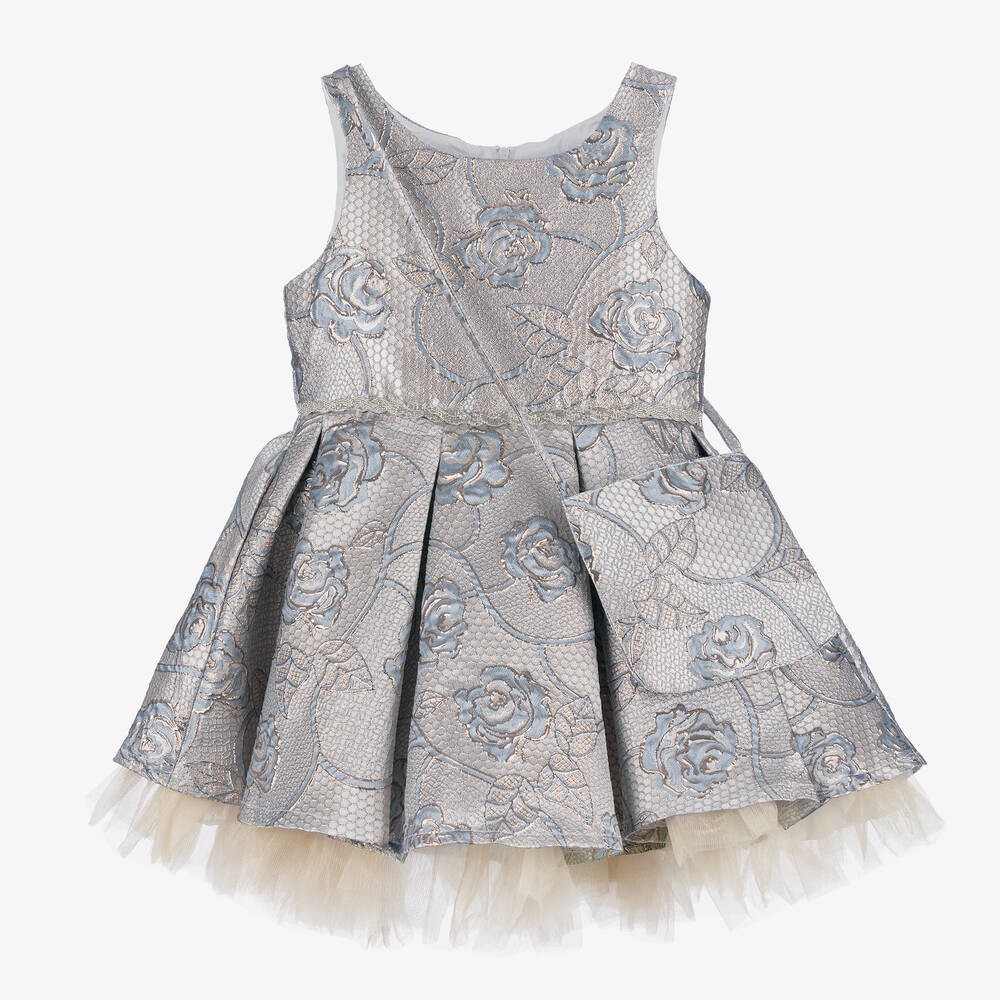 Girls' Blue Jacquard Pleated Dress with Bow Set - Sana - Blue