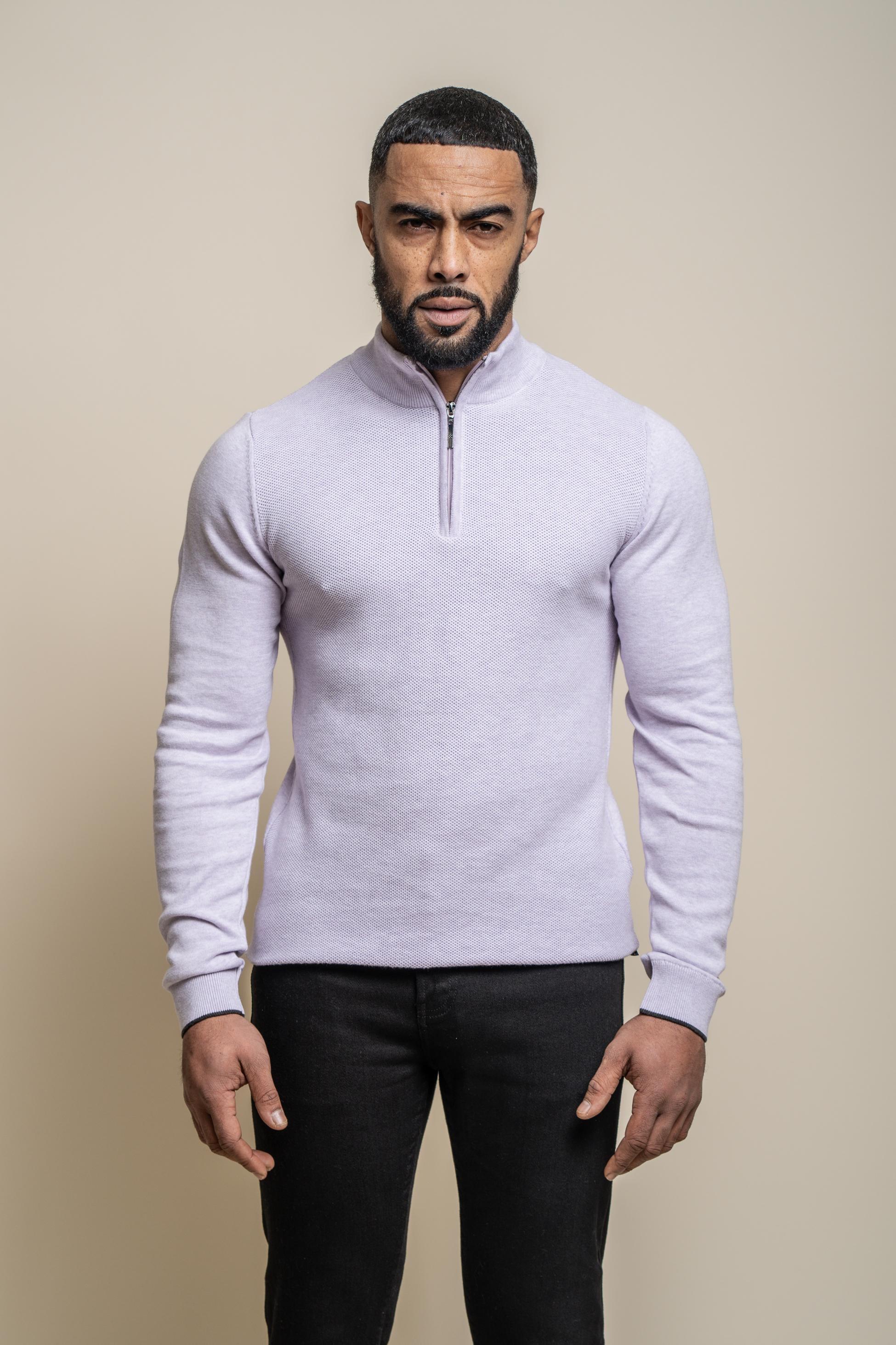 Men's Half Zip Knit Cotton Pullover - KYLE - Lavender