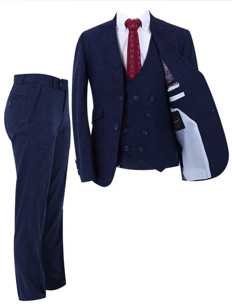 Boys Retro Check Slim Fit Formal Suit - Dark Blue