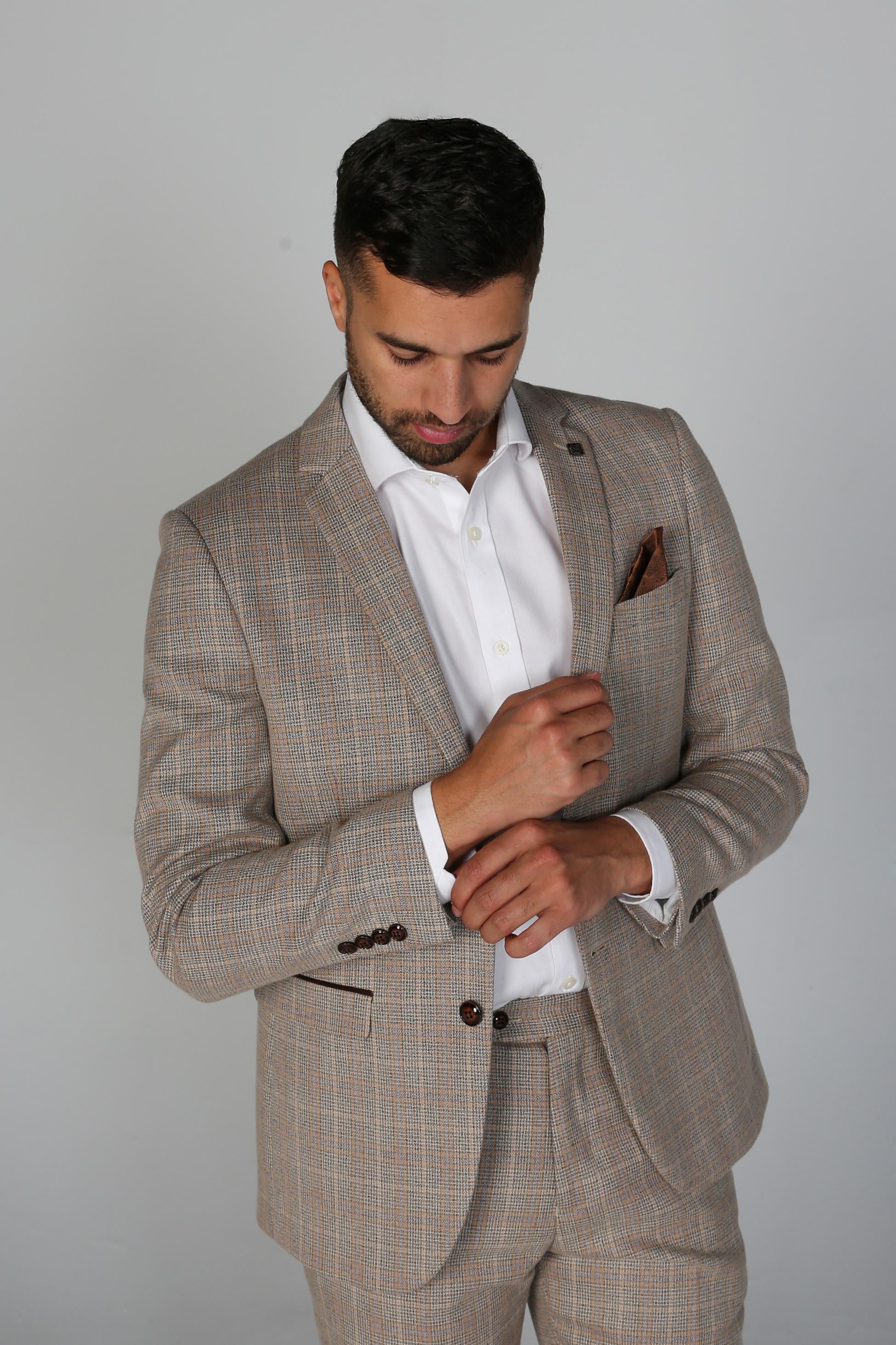 Men's Tweed Check Tailored Fit Beige Suit - HOLLAND - Beige - Brown