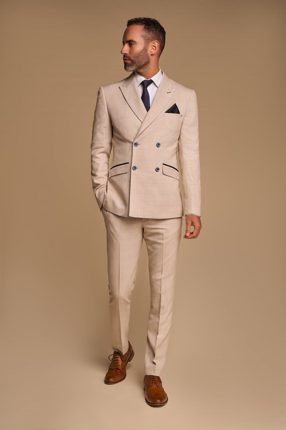 Men's Houndstooth Double-breasted Suit Jacket - CARIDI - Beige