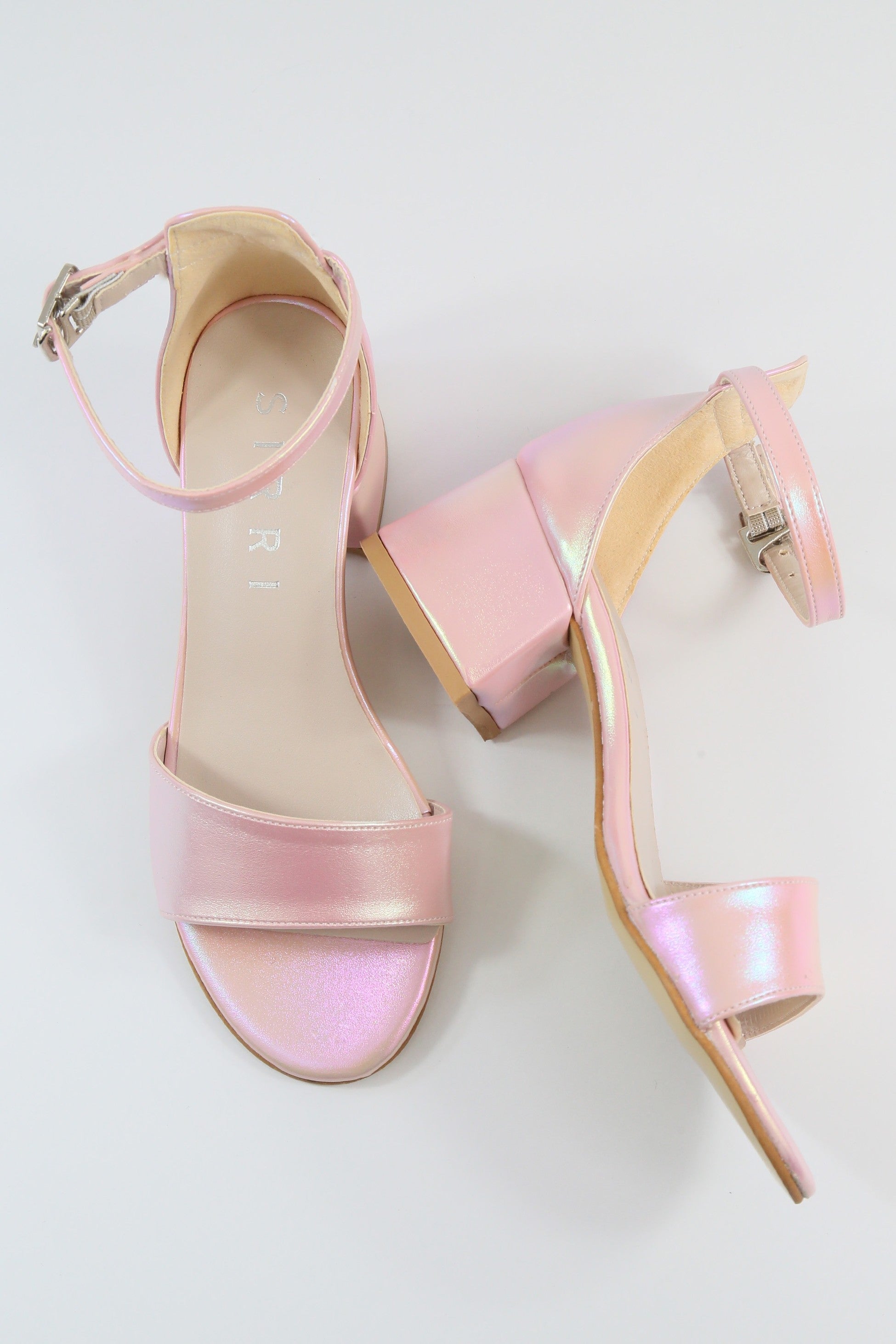 Girls Ankle-Strap Iridescent Block Heels Sandals - GRACE - Pink