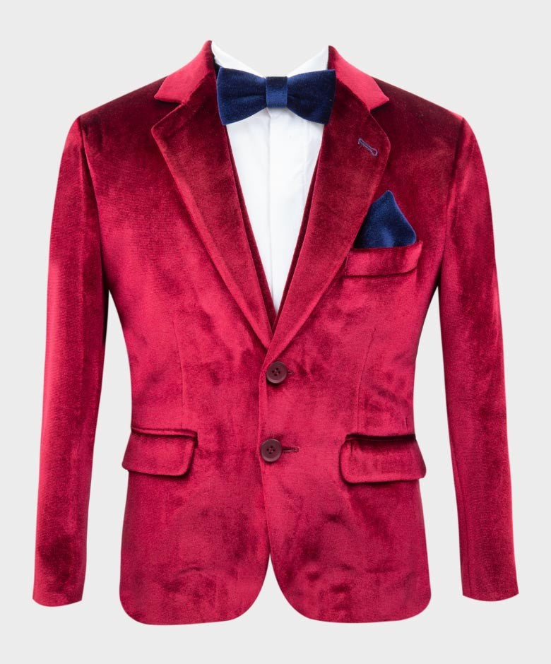 Boys Tailored Fit Velvet Blazer with Elbow Patches - Claret Red