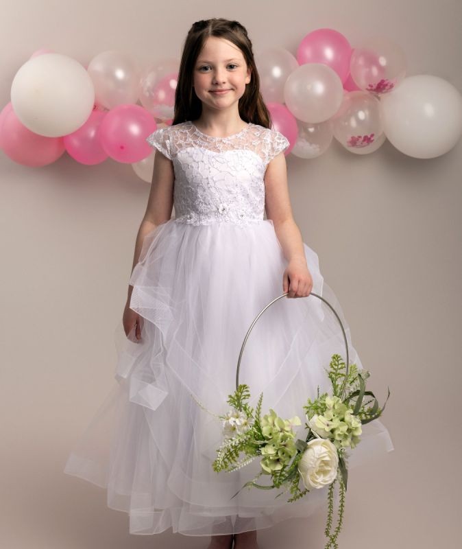 Girls White Layered Tulle Dress with Corset Back - TERRESA - White