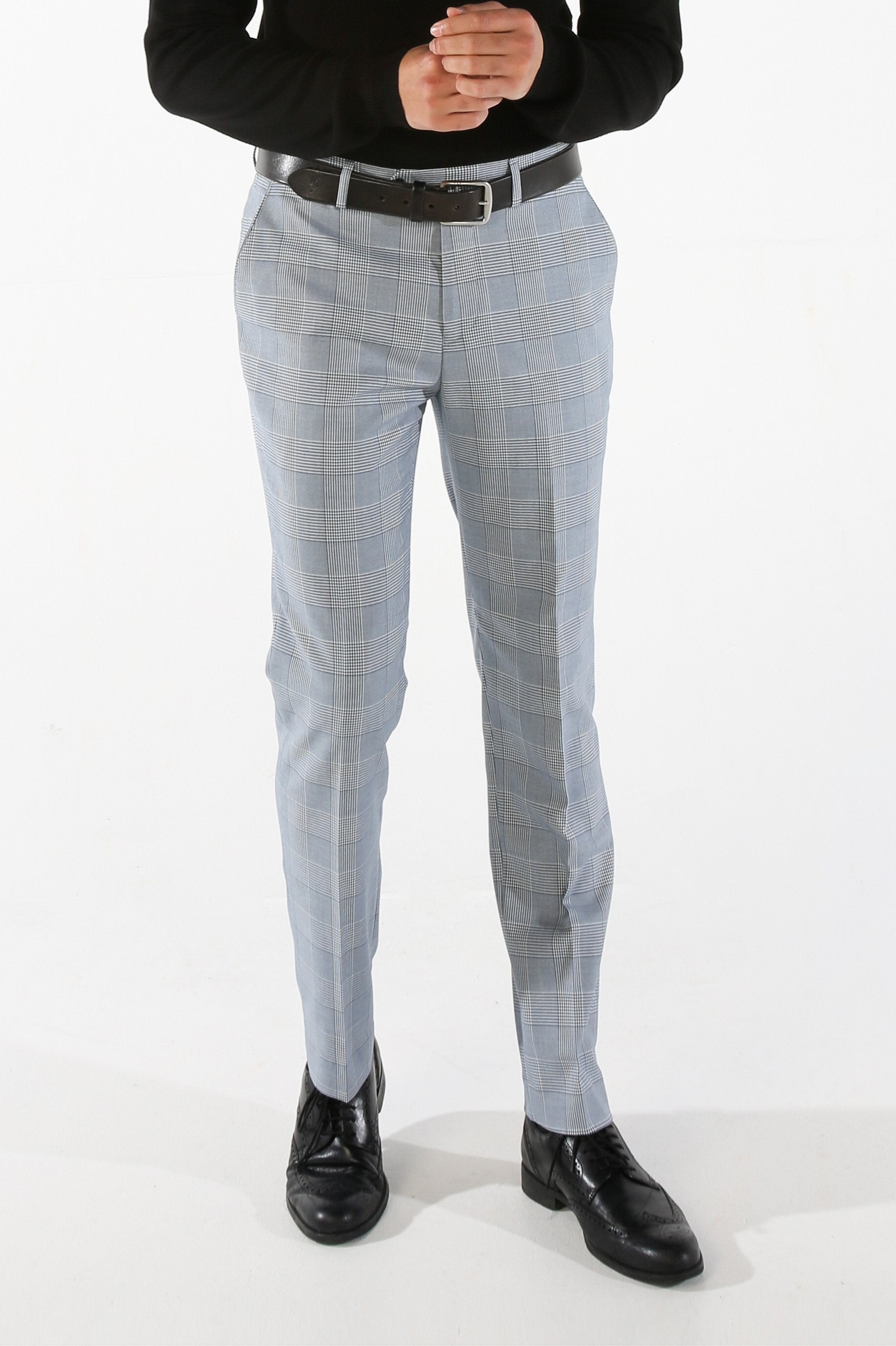 Men's Houndstooth Check Sky Blue Trousers - MARK - Blue